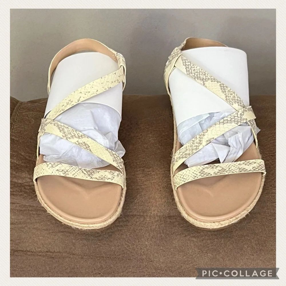 NEW Lucky Brand Cream Gray Reptile Print Straw Sole Bohemian Strappy Sandals - Picture 5 of 6